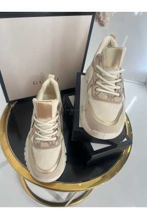 B158 Buty Sneakersy Damskie  na masywnej Beż+złote detale