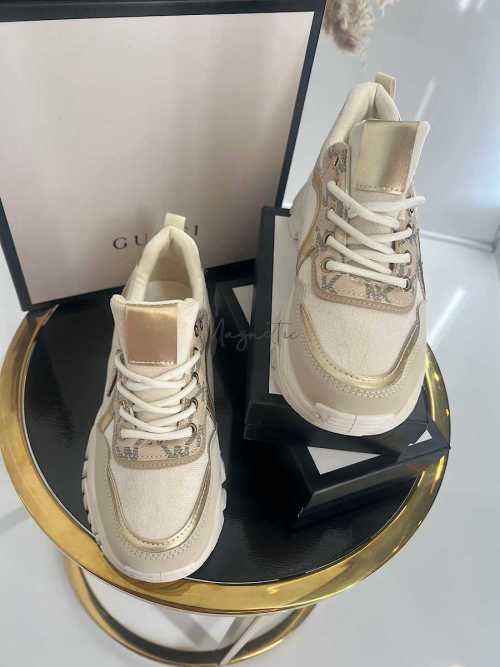 B158 Buty Sneakersy Damskie  na masywnej Beż+złote detale