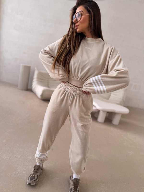 LC345 Komplet Dresowy Welurowy LaCoca Velve Beżowy