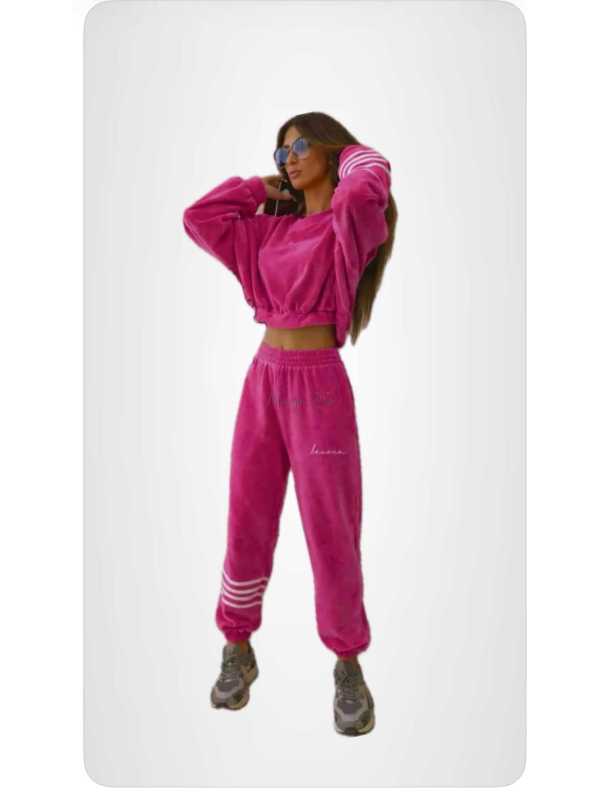 LC141 Komplet Dresowy Welurowy LaCoca Velve Fuksja