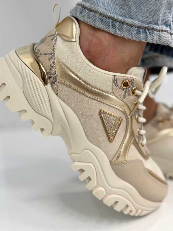 B158 Buty Sneakersy Damskie  na masywnej Beż+złote detale
