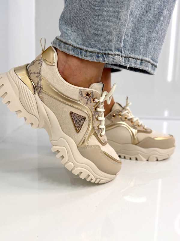 B158 Buty Sneakersy Damskie  na masywnej Beż+złote detale