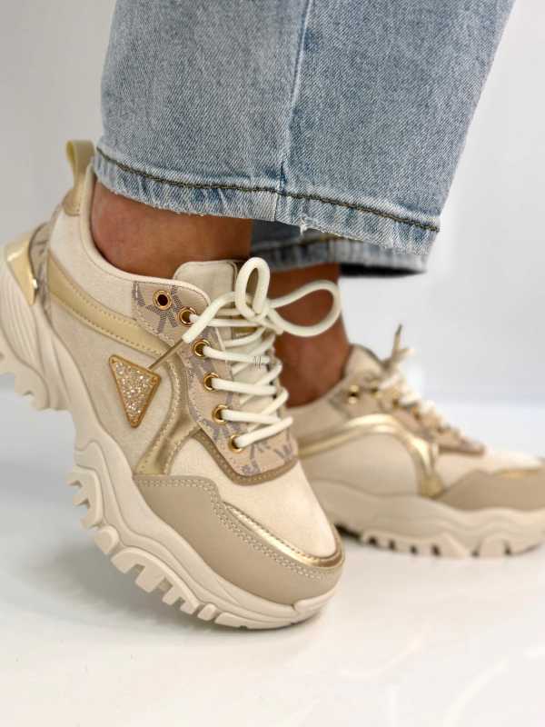 B158 Buty Sneakersy Damskie  na masywnej Beż+złote detale