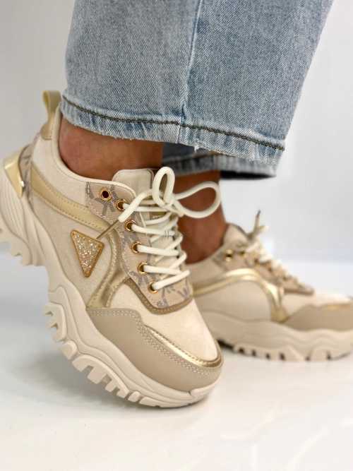 B158 Buty Sneakersy Damskie  na masywnej Beż+złote detale