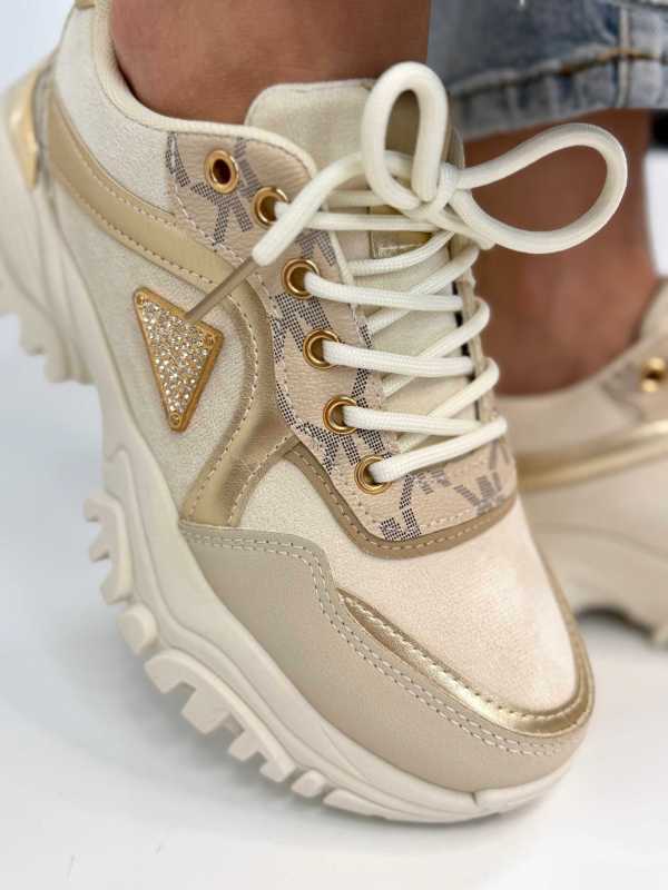 B158 Buty Sneakersy Damskie  na masywnej Beż+złote detale