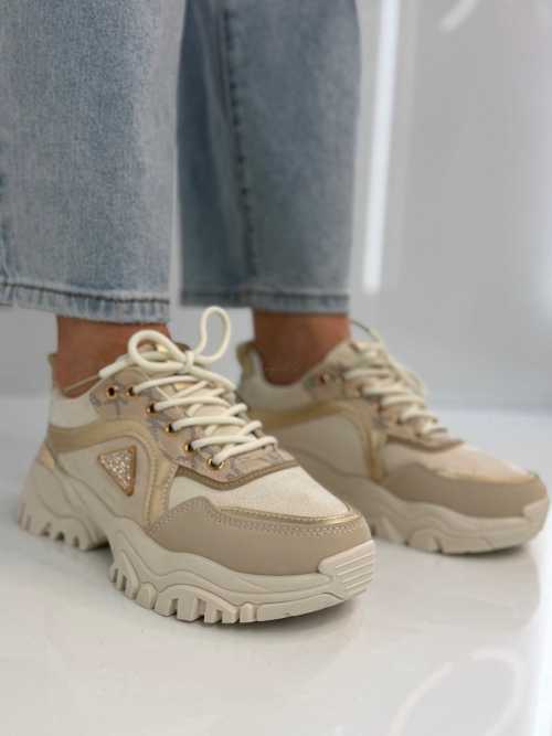 B158 Buty Sneakersy Damskie  na masywnej Beż+złote detale