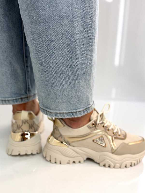 B158 Buty Sneakersy Damskie  na masywnej Beż+złote detale