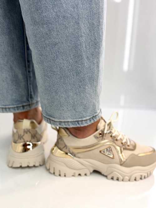 B158 Buty Sneakersy Damskie  na masywnej Beż+złote detale