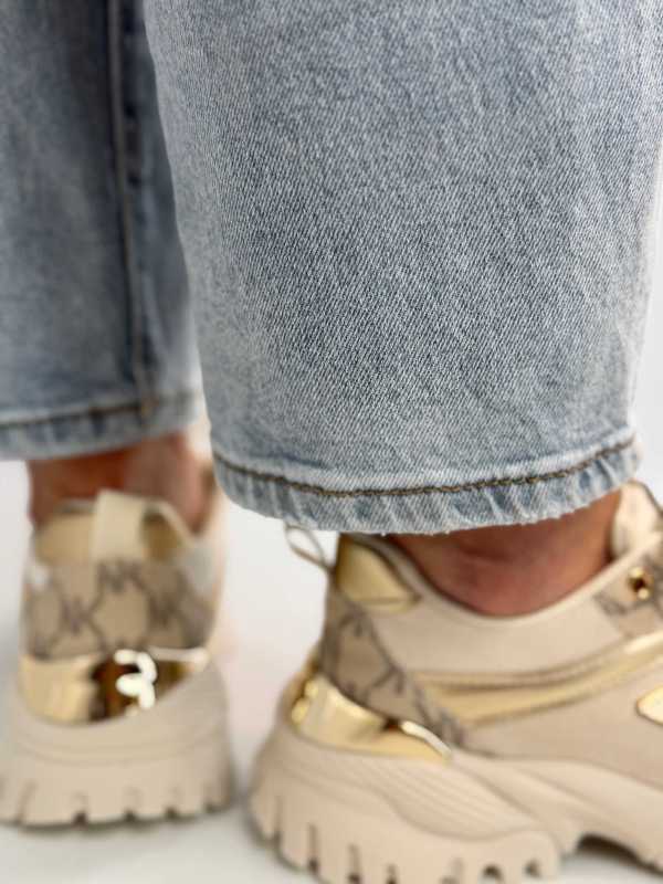 B158 Buty Sneakersy Damskie  na masywnej Beż+złote detale