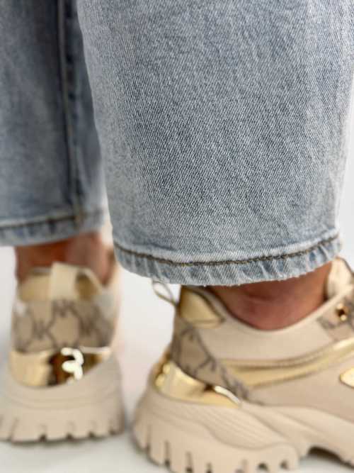 B158 Buty Sneakersy Damskie  na masywnej Beż+złote detale