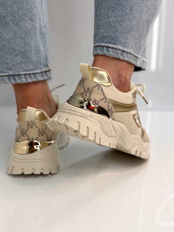 B158 Buty Sneakersy Damskie  na masywnej Beż+złote detale