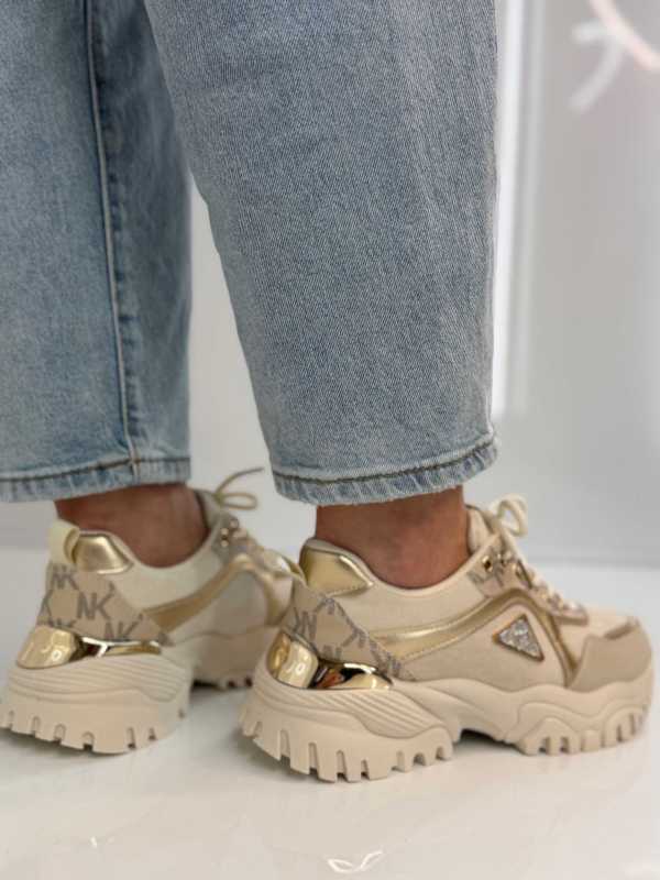 B158 Buty Sneakersy Damskie  na masywnej Beż+złote detale