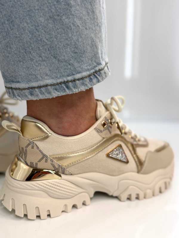 B158 Buty Sneakersy Damskie  na masywnej Beż+złote detale