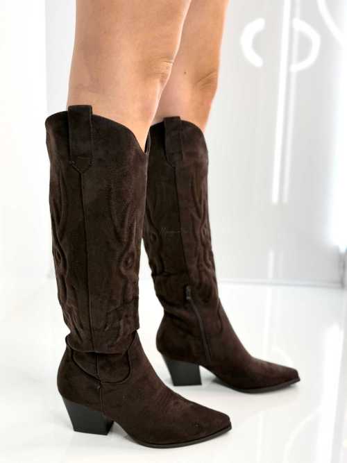 B896 Buty Kozaki Kowbojki Damskie Zamszowe z Haftem Czekolada