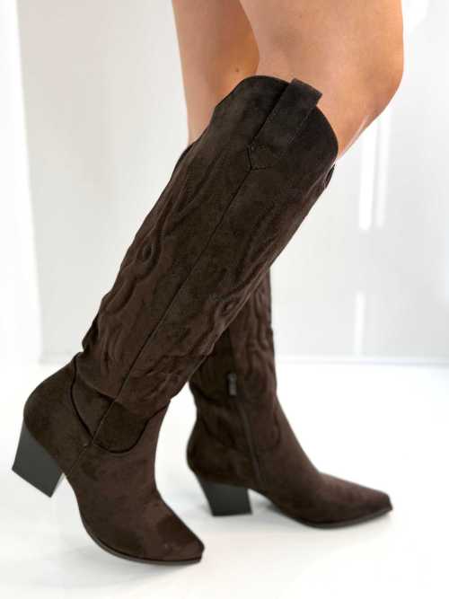 B896 Buty Kozaki Kowbojki Damskie Zamszowe z Haftem Czekolada