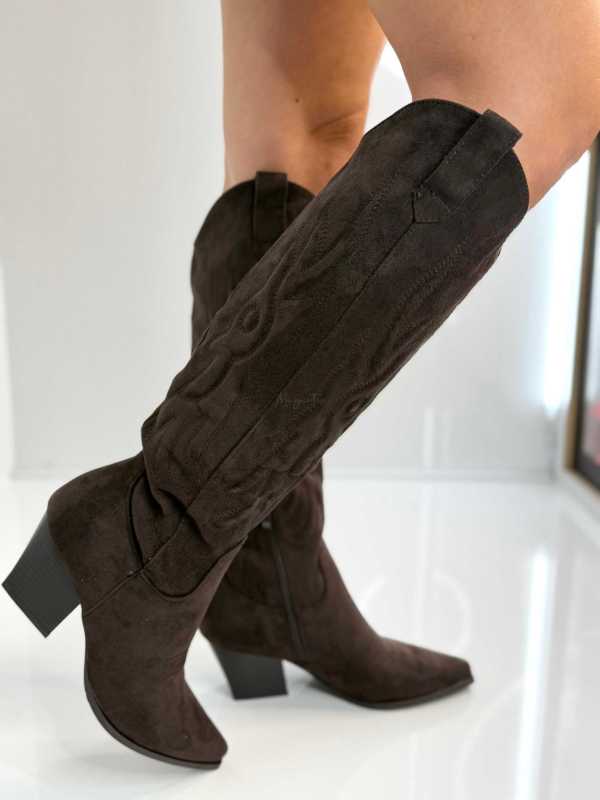 B896 Buty Kozaki Kowbojki Damskie Zamszowe z Haftem Czekolada