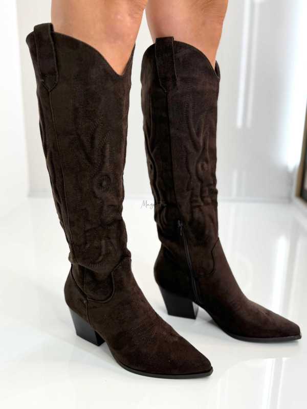 B896 Buty Kozaki Kowbojki Damskie Zamszowe z Haftem Czekolada