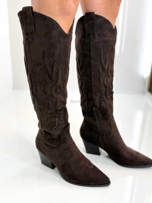 B896 Buty Kozaki Kowbojki Damskie Zamszowe z Haftem Czekolada
