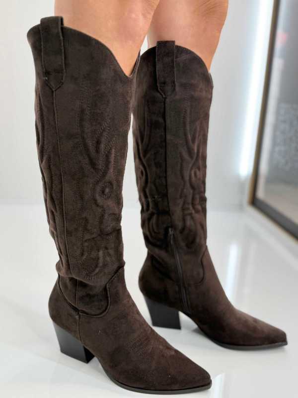 B896 Buty Kozaki Kowbojki Damskie Zamszowe z Haftem Czekolada