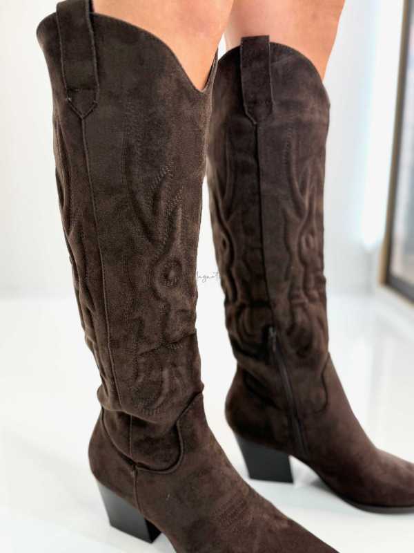 B896 Buty Kozaki Kowbojki Damskie Zamszowe z Haftem Czekolada