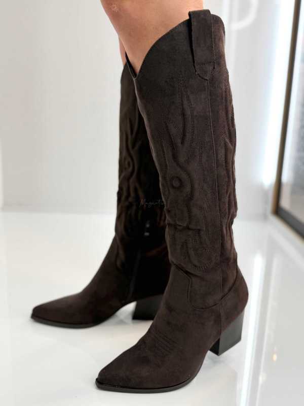 B896 Buty Kozaki Kowbojki Damskie Zamszowe z Haftem Czekolada