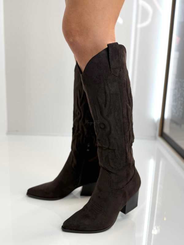 B896 Buty Kozaki Kowbojki Damskie Zamszowe z Haftem Czekolada