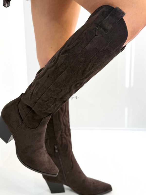 B896 Buty Kozaki Kowbojki Damskie Zamszowe z Haftem Czekolada