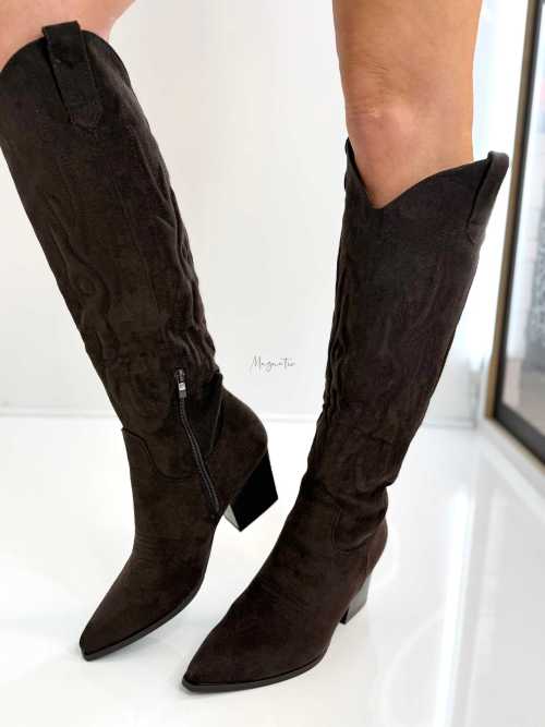 B896 Buty Kozaki Kowbojki Damskie Zamszowe z Haftem Czekolada