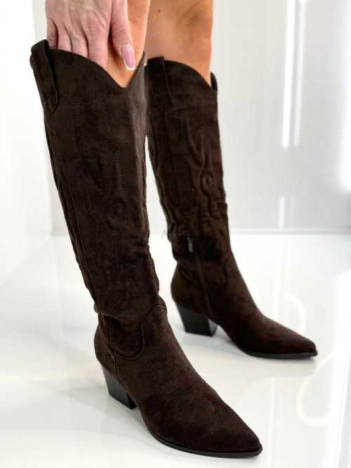 B896 Buty Kozaki Kowbojki Damskie Zamszowe z Haftem Czekolada