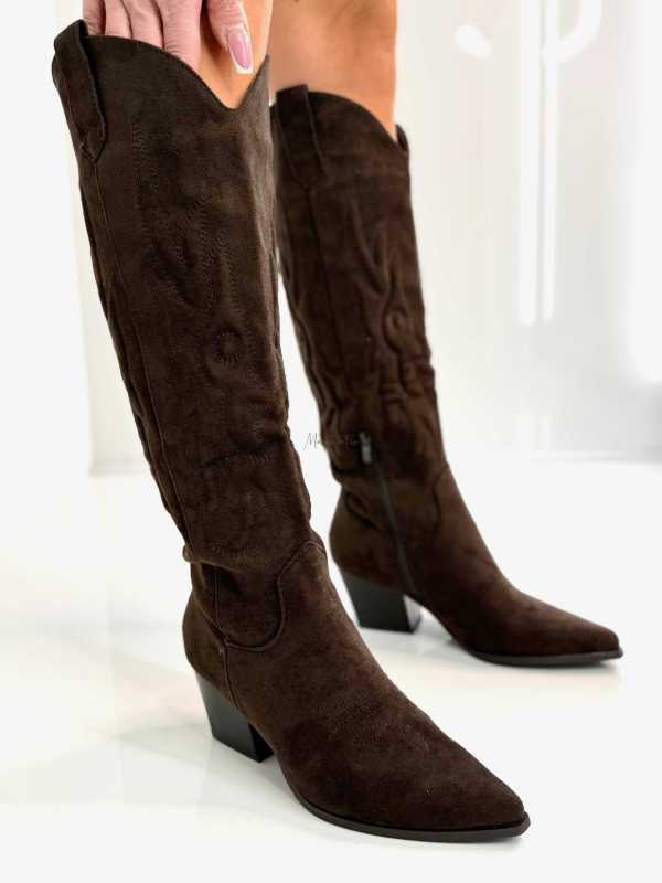 B896 Buty Kozaki Kowbojki Damskie Zamszowe z Haftem Czekolada