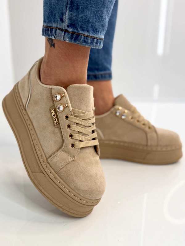 B157 Sneakersy Damskie Beżowe Na Platformie – Modne Buty Sportowe z Cyrkoniami i Złotymi Dodatkami, Ekoskóra Zamszowa