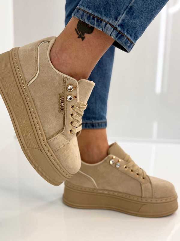 B157 Sneakersy Damskie Beżowe Na Platformie – Modne Buty Sportowe z Cyrkoniami i Złotymi Dodatkami, Ekoskóra Zamszowa