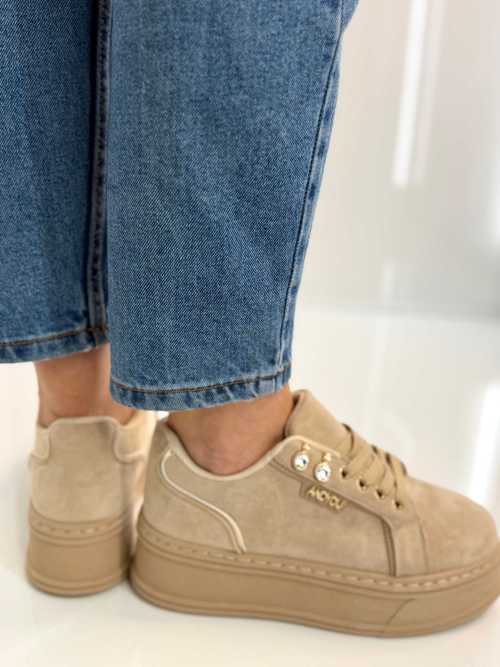 B157 Sneakersy Damskie Beżowe Na Platformie – Modne Buty Sportowe z Cyrkoniami i Złotymi Dodatkami, Ekoskóra Zamszowa