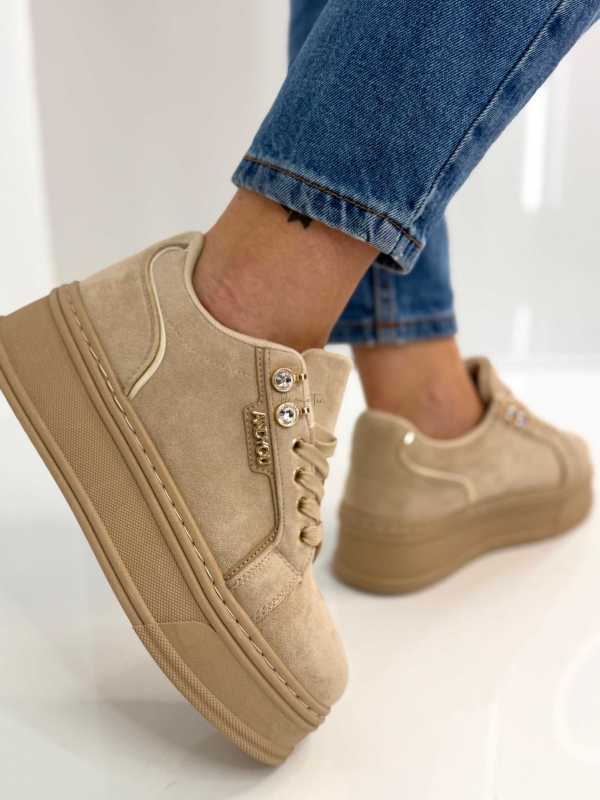 B157 Sneakersy Damskie Beżowe Na Platformie – Modne Buty Sportowe z Cyrkoniami i Złotymi Dodatkami, Ekoskóra Zamszowa