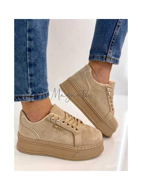 B157 Sneakersy Damskie Beżowe Na Platformie – Modne Buty Sportowe z Cyrkoniami i Złotymi Dodatkami, Ekoskóra Zamszowa