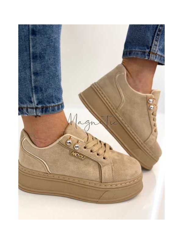 B157 Sneakersy Damskie Beżowe Na Platformie – Modne Buty Sportowe z Cyrkoniami i Złotymi Dodatkami, Ekoskóra Zamszowa
