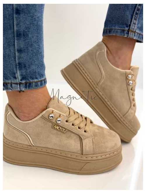 B157 Sneakersy Damskie Beżowe Na Platformie – Modne Buty Sportowe z Cyrkoniami i Złotymi Dodatkami, Ekoskóra Zamszowa