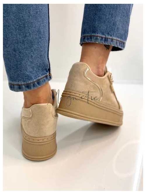 B157 Sneakersy Damskie Beżowe Na Platformie – Modne Buty Sportowe z Cyrkoniami i Złotymi Dodatkami, Ekoskóra Zamszowa