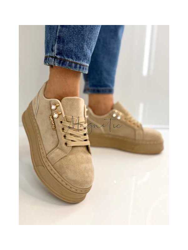 B157 Sneakersy Damskie Beżowe Na Platformie – Modne Buty Sportowe z Cyrkoniami i Złotymi Dodatkami, Ekoskóra Zamszowa