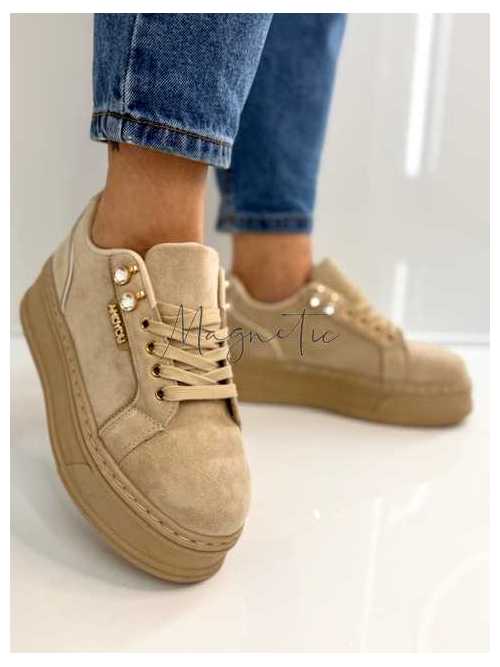 B157 Sneakersy Damskie Beżowe Na Platformie – Modne Buty Sportowe z Cyrkoniami i Złotymi Dodatkami, Ekoskóra Zamszowa