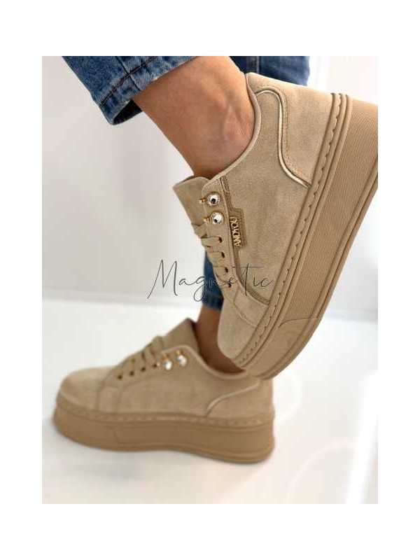 B157 Sneakersy Damskie Beżowe Na Platformie – Modne Buty Sportowe z Cyrkoniami i Złotymi Dodatkami, Ekoskóra Zamszowa