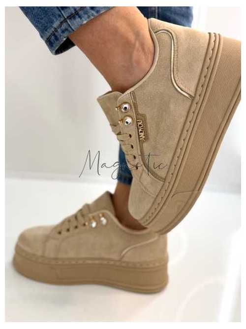 B157 Sneakersy Damskie Beżowe Na Platformie – Modne Buty Sportowe z Cyrkoniami i Złotymi Dodatkami, Ekoskóra Zamszowa