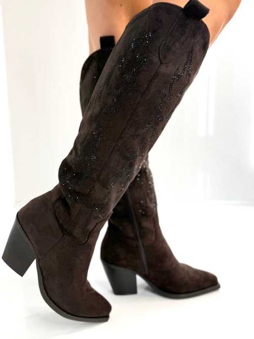 B813 Buty Kozaki Kowbojki Damskie Zamszowe z Cyrkoniami Czekolada