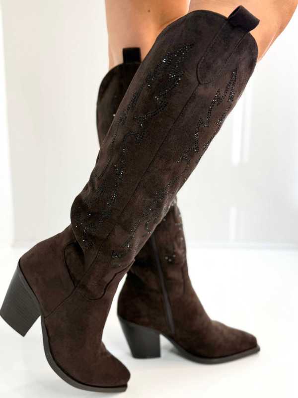 B813 Buty Kozaki Kowbojki Damskie Zamszowe z Cyrkoniami Czekolada