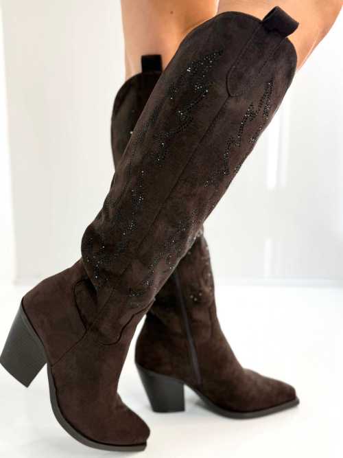 B813 Buty Kozaki Kowbojki Damskie Zamszowe z Cyrkoniami Czekolada