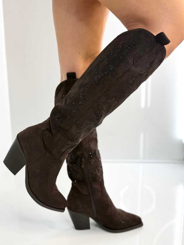 B813 Buty Kozaki Kowbojki Damskie Zamszowe z Cyrkoniami Czekolada