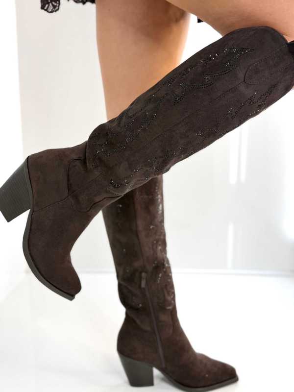 B813 Buty Kozaki Kowbojki Damskie Zamszowe z Cyrkoniami Czekolada