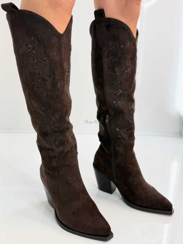 B813 Buty Kozaki Kowbojki Damskie Zamszowe z Cyrkoniami Czekolada