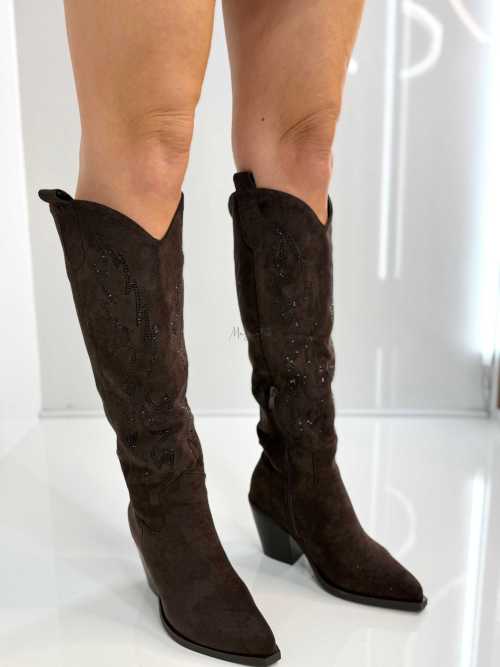 B813 Buty Kozaki Kowbojki Damskie Zamszowe z Cyrkoniami Czekolada
