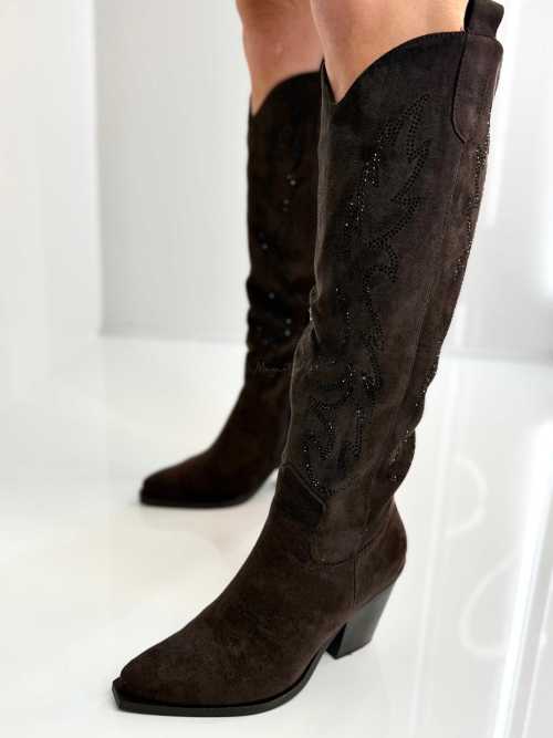 B813 Buty Kozaki Kowbojki Damskie Zamszowe z Cyrkoniami Czekolada